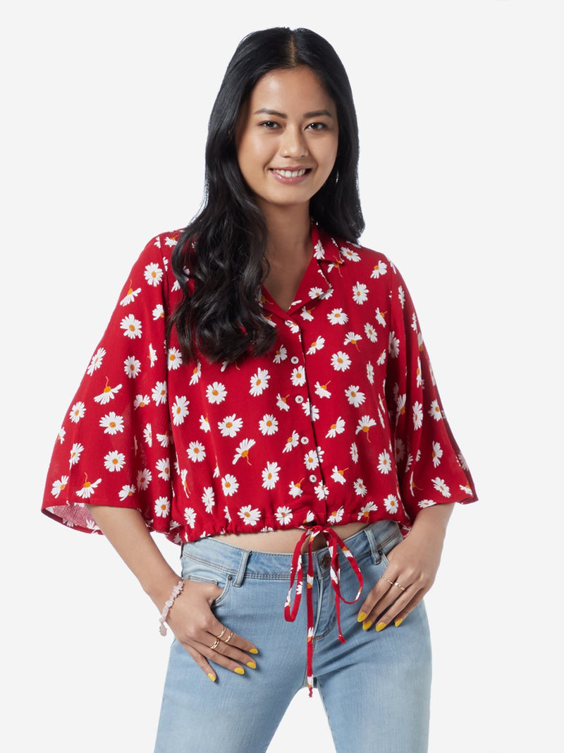 Nuon Red Lenard Floral Design Cropped Shirt