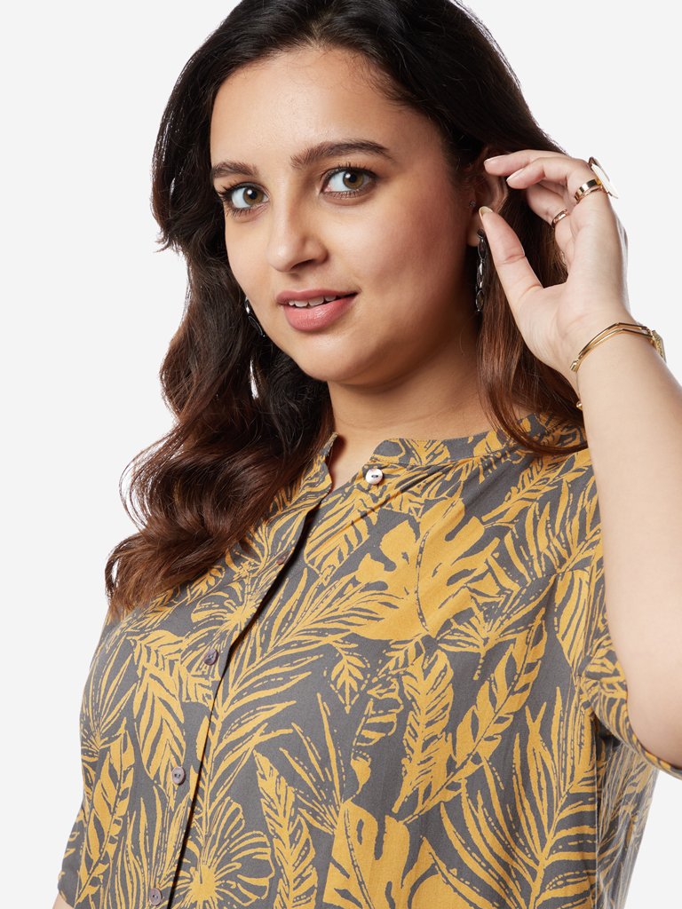 Diza Curves Grey Leaf Print A-Line Kurta