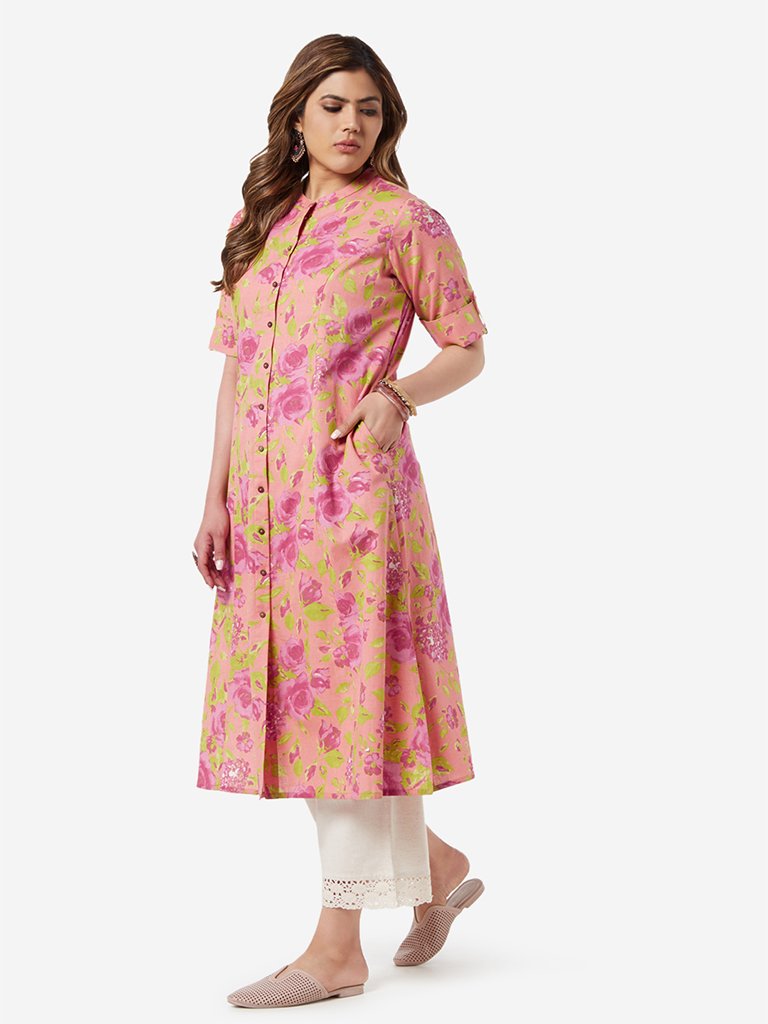 Diza Curve Peach Floral Patterned A-line Kurta