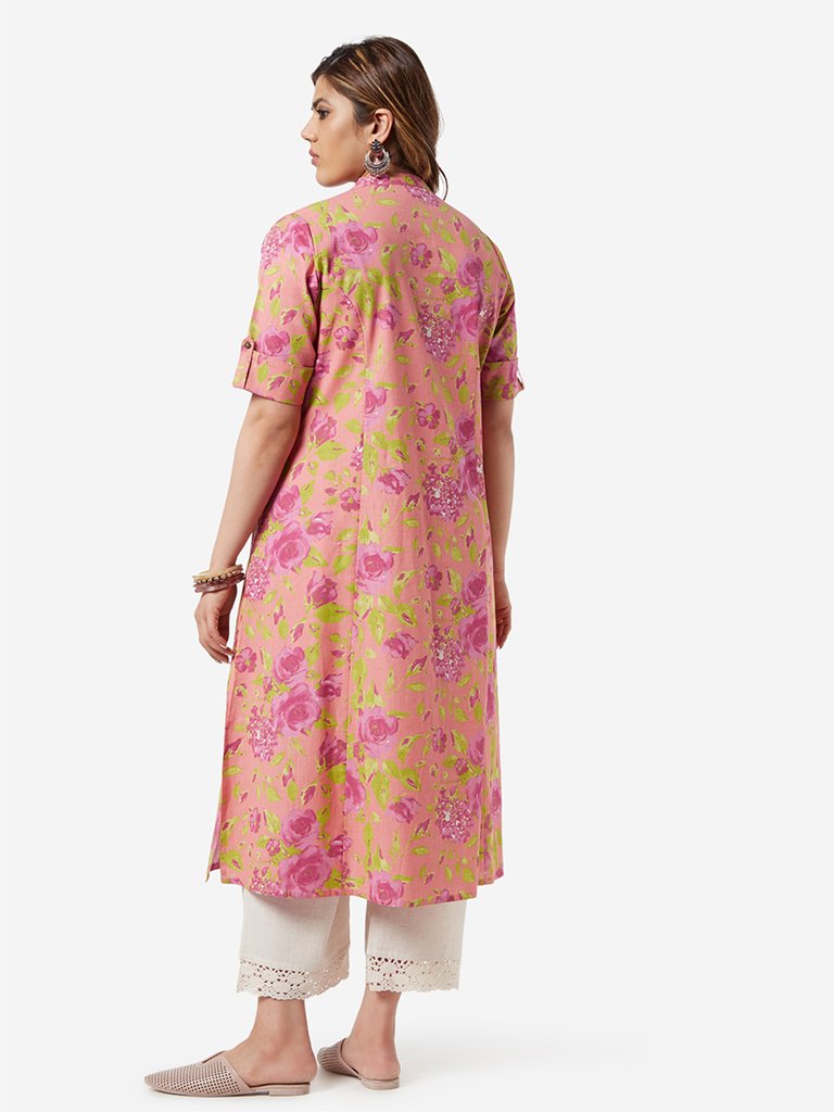 Diza Curve Peach Floral Patterned A-line Kurta