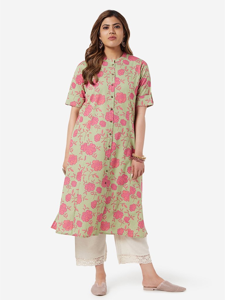 Diza Curve Mint Floral Print A-line Kurta