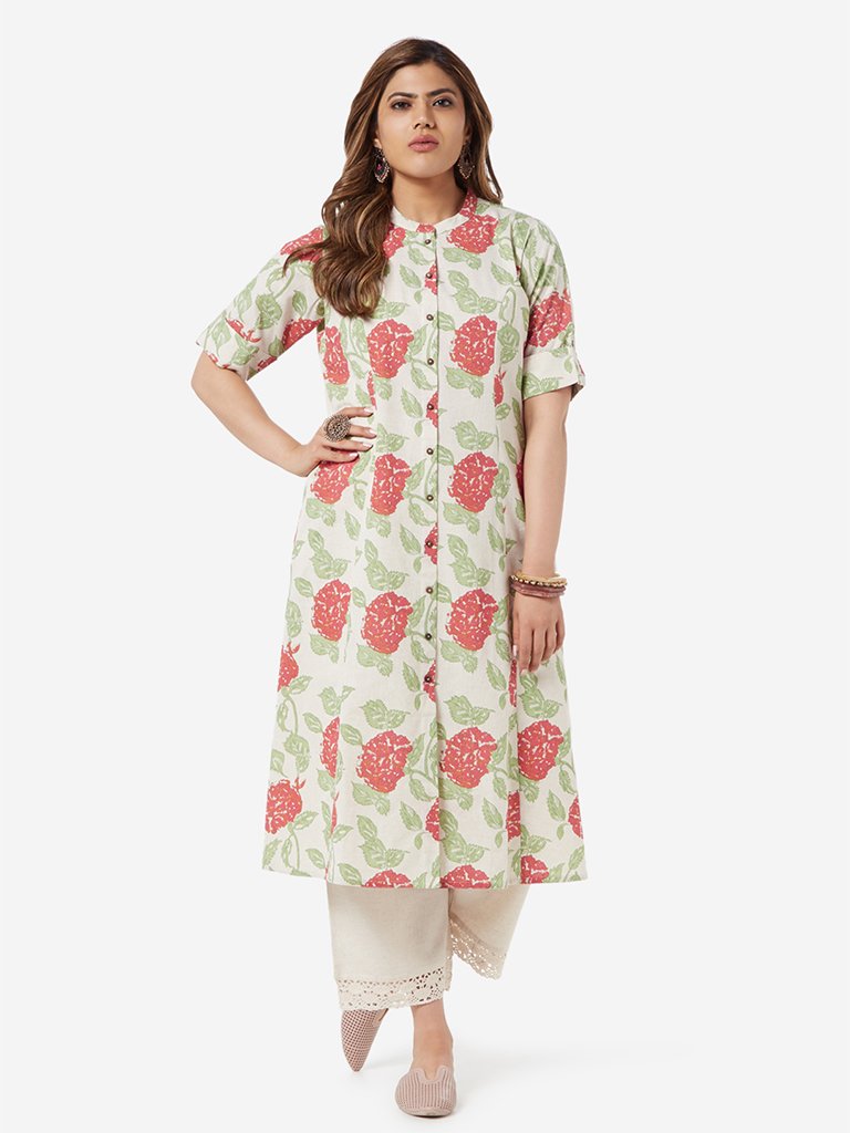 Diza Curve Off White Floral A-line Kurta