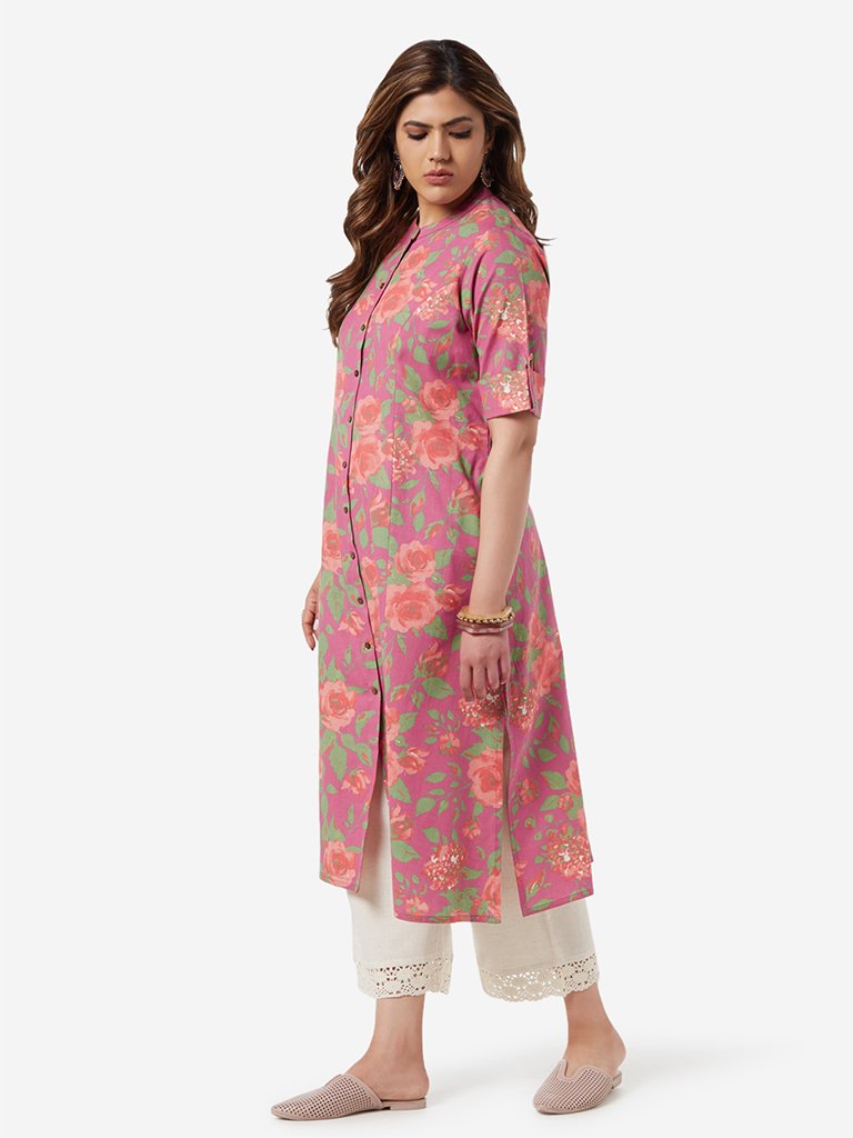 Diza Curve Pink Floral Patterned A-line Kurta