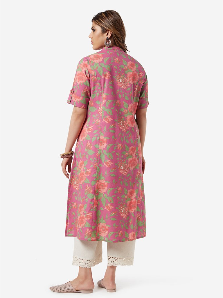 Diza Curve Pink Floral Patterned A-line Kurta