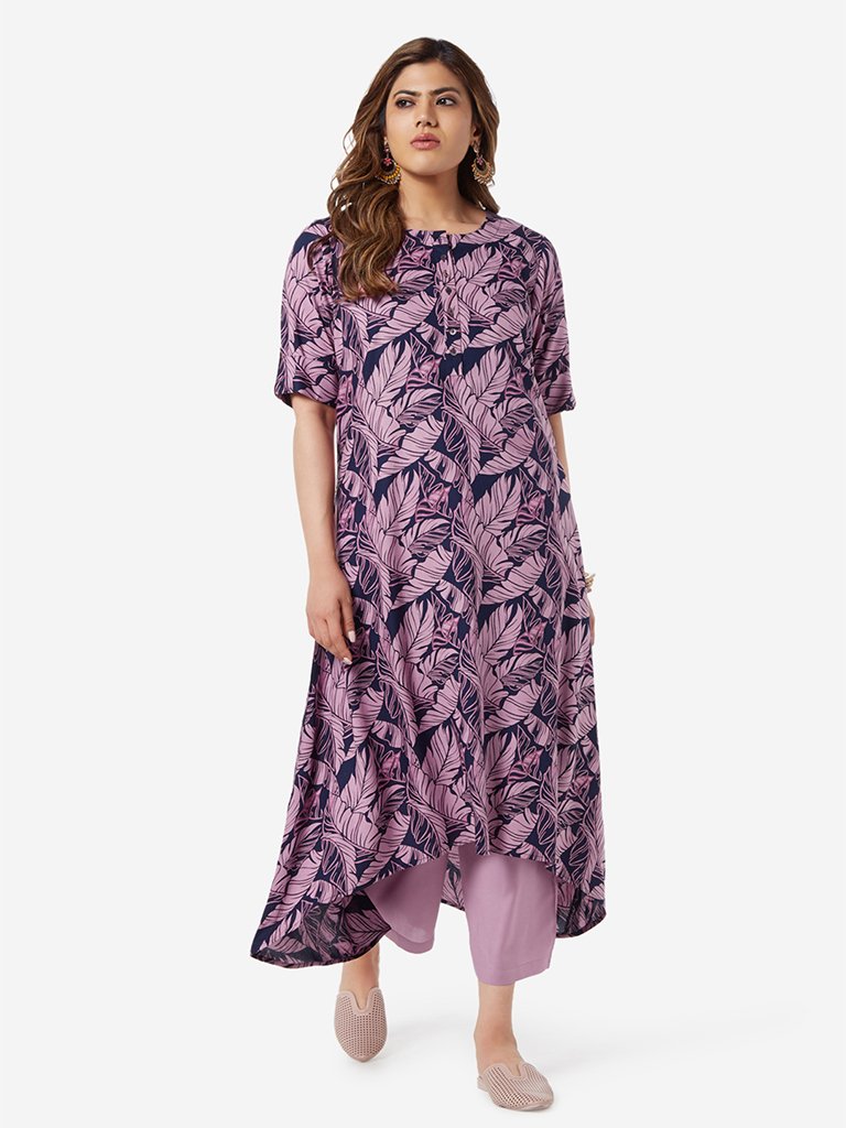 Diza Curve Lilac Tropical Print High-Low Kurta