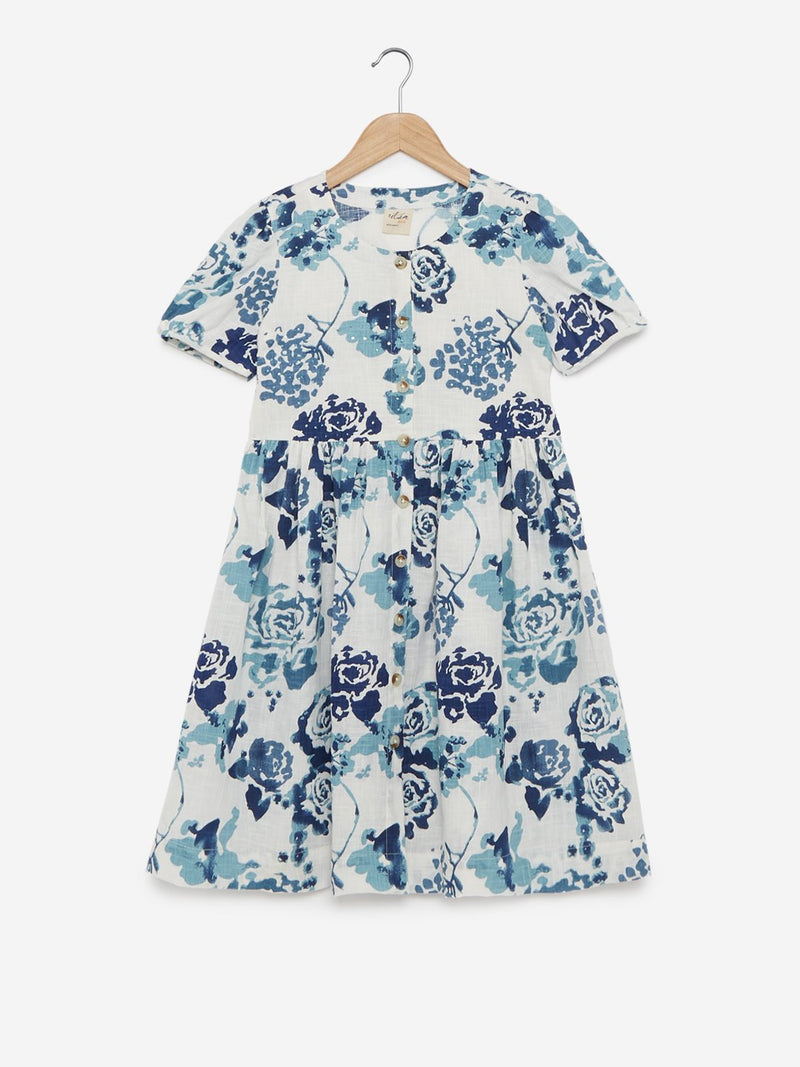 Utsa Kids Blue Floral Fit-And-Flare Dress