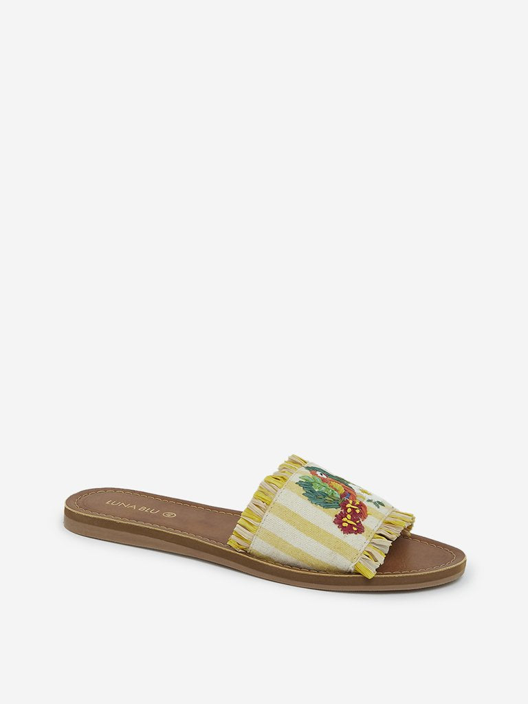 LUNA BLU Yellow Embroidered Slides