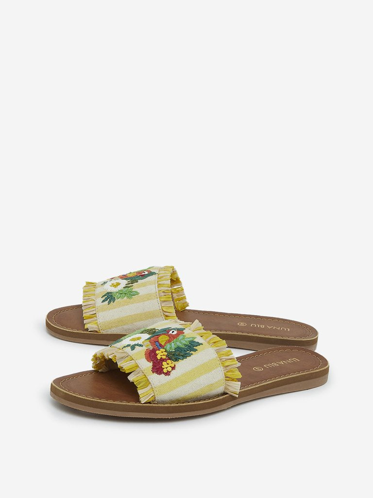 LUNA BLU Yellow Embroidered Slides