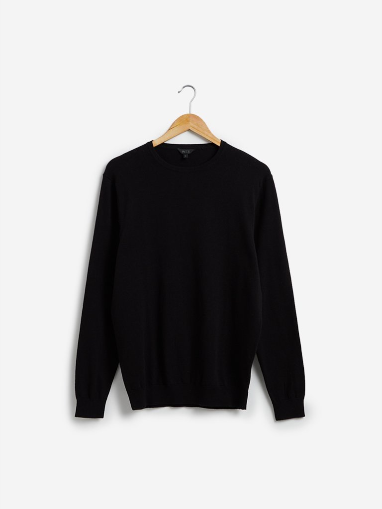 WES Formals Black Slim Fit Crewneck Light Knit Sweater