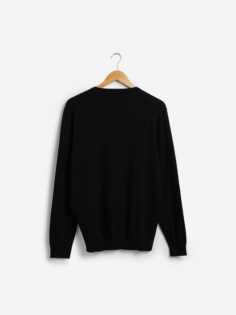 WES Formals Black Slim Fit Crewneck Light Knit Sweater