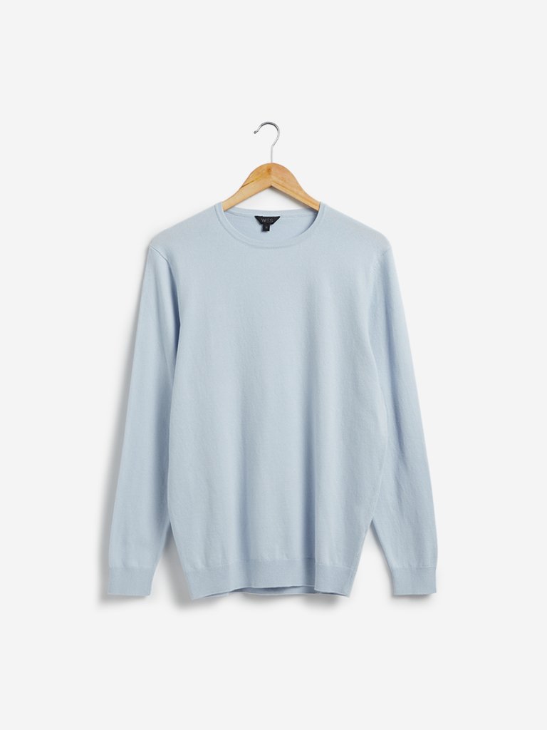 WES Formals Light Blue Slim Fit Crewneck Light Knit Sweater