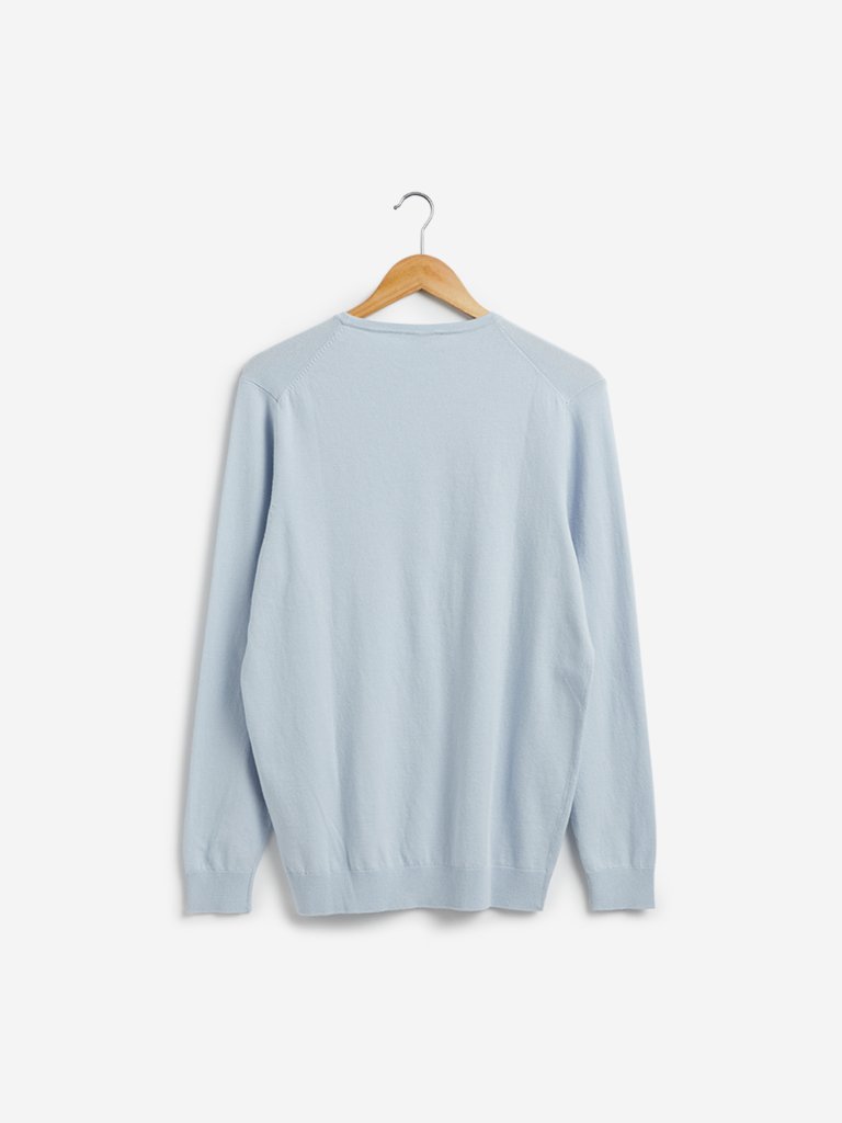 WES Formals Light Blue Slim Fit Crewneck Light Knit Sweater