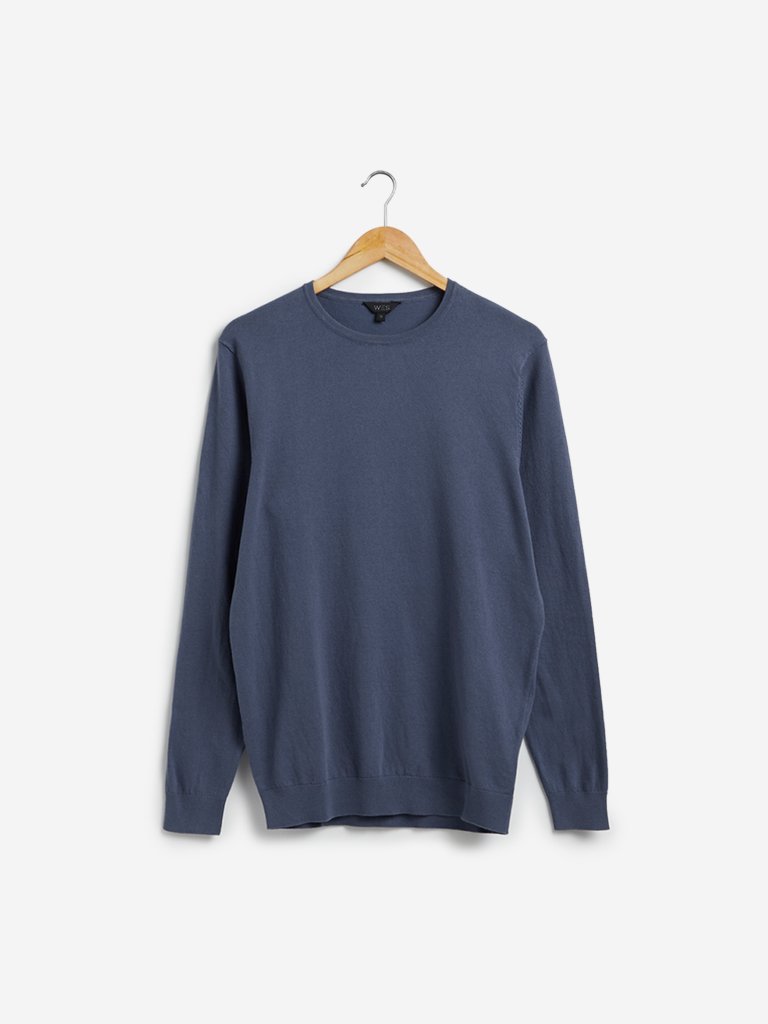 WES Formals Blue Slim Fit Crewneck Light Knit Sweater