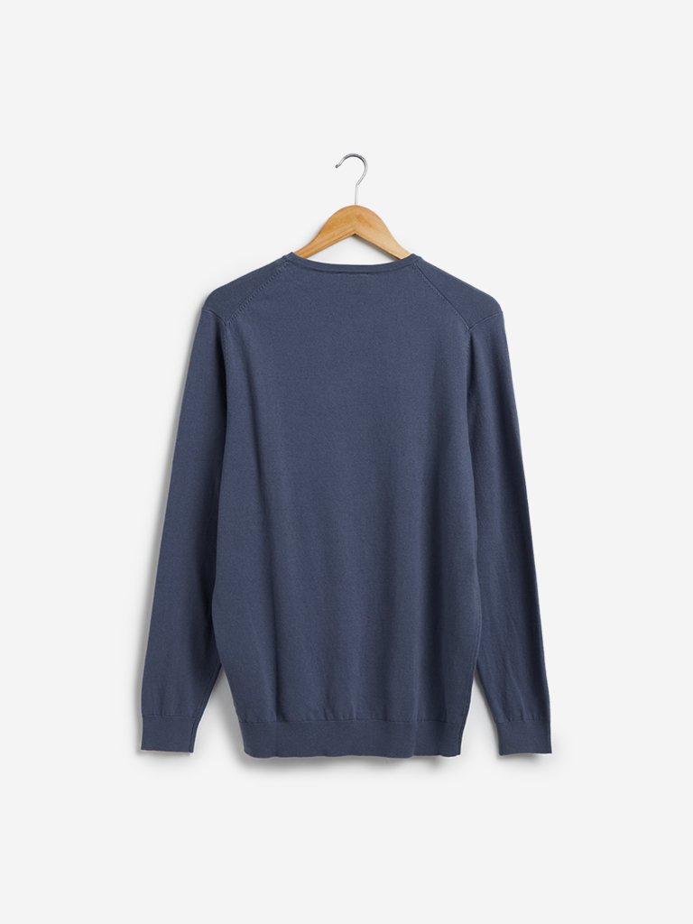WES Formals Blue Slim Fit Crewneck Light Knit Sweater