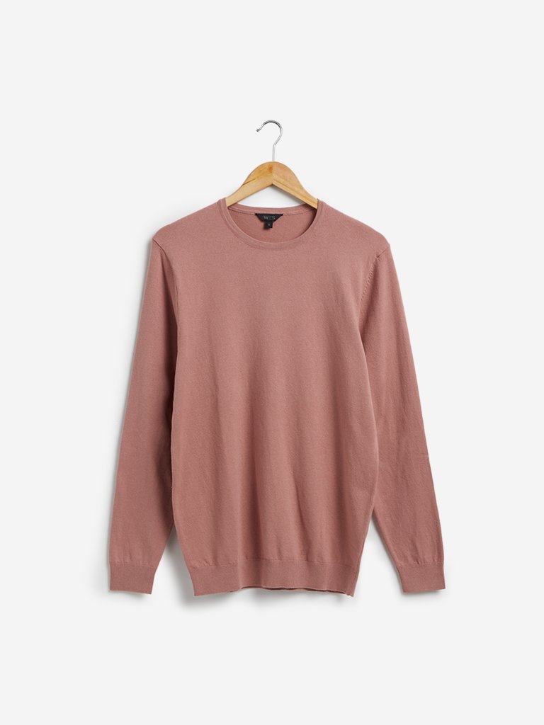 WES Formals Blush Pink Slim Fit Crewneck Light Knit Sweater