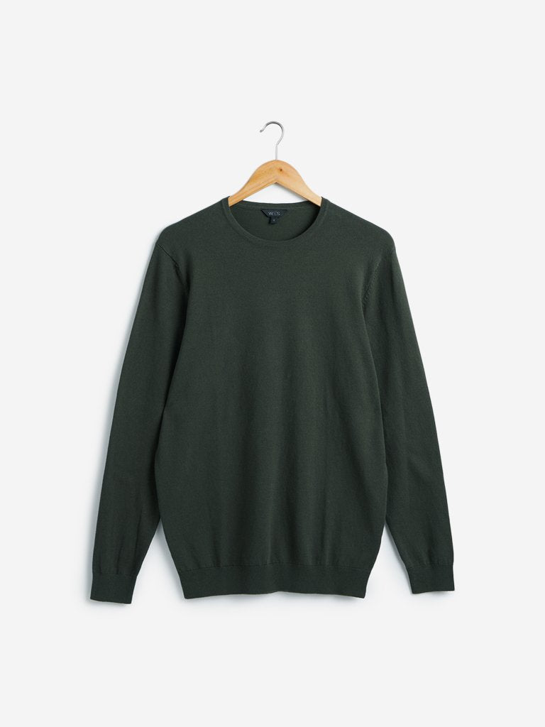 WES Formals Dark Olive Slim Fit Light Knit Sweater