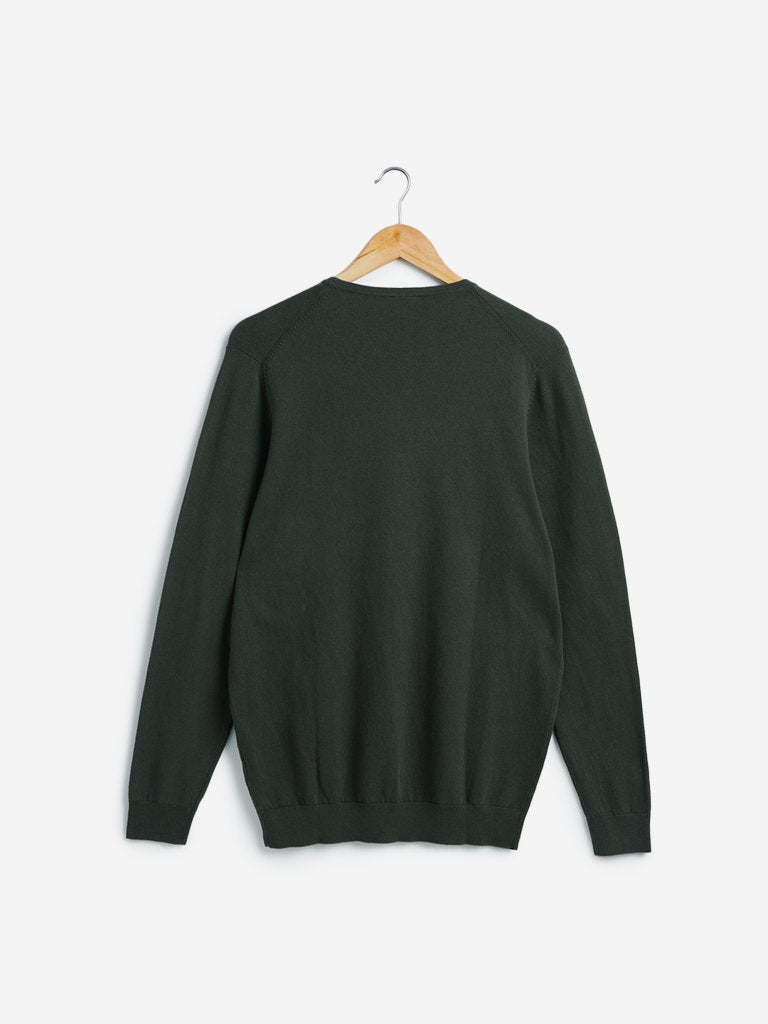 WES Formals Dark Olive Slim Fit Light Knit Sweater