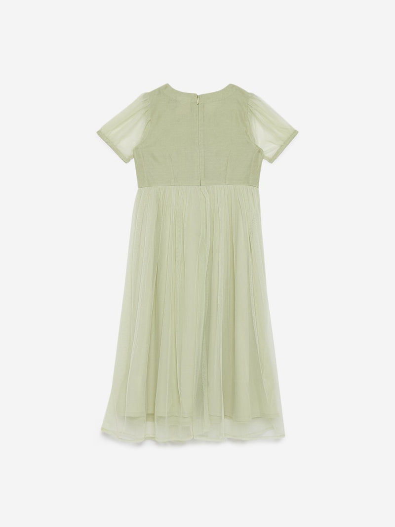 Utsa Kids Light Green Embroidered Maxi Dress