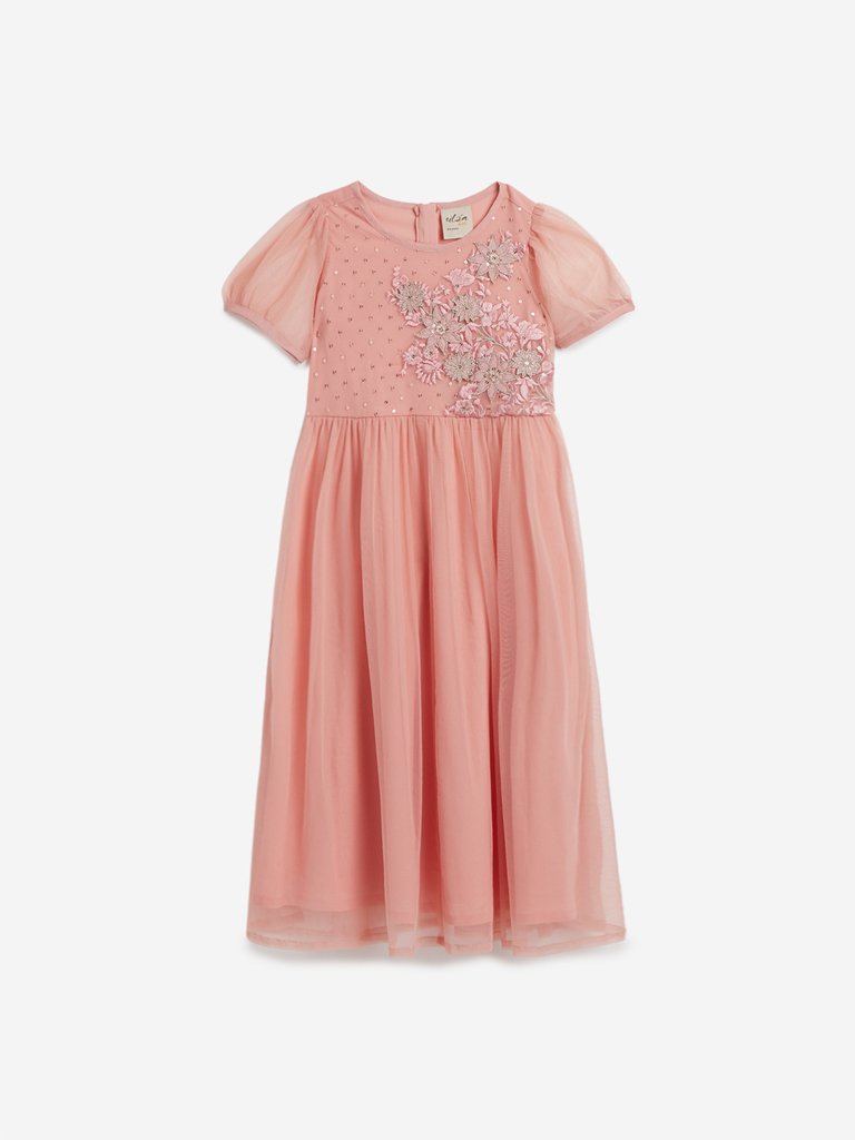 Utsa Kids Peach Embroidered Maxi Dress