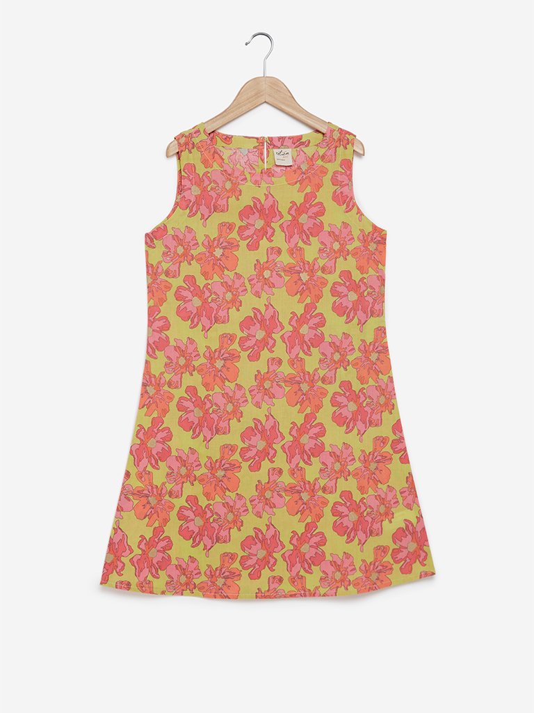 Utsa Kids Lime Floral Printed A-line Kurta