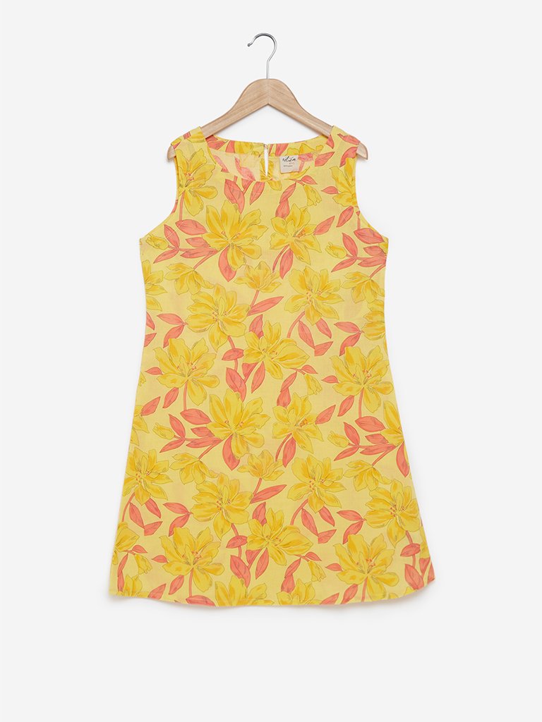 Utsa Kids Yellow Floral Printed A-line Kurta
