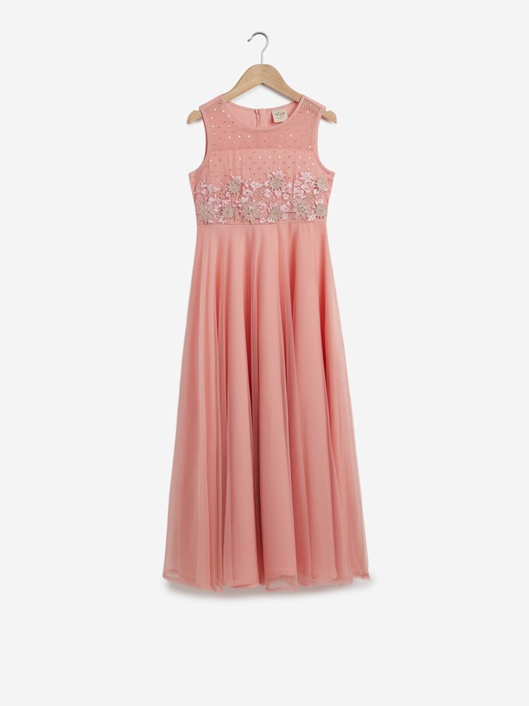 Utsa Kids Peach Embroidered Maxi Dress