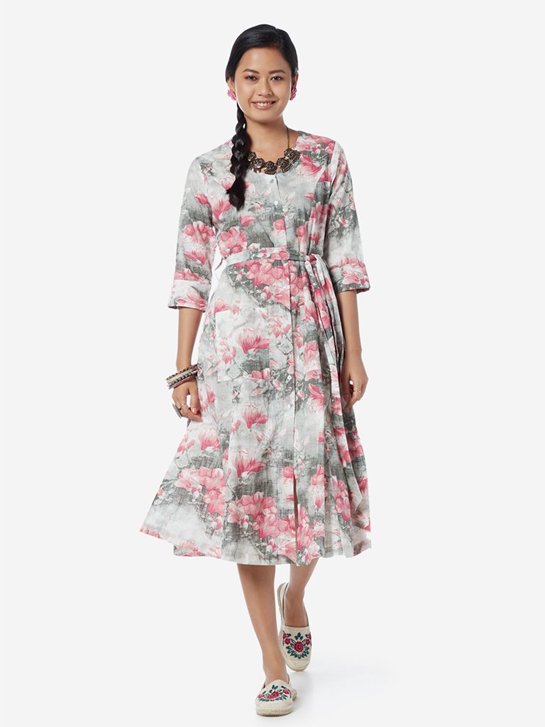 Bombay Paisley Grey Floral Dress With Belt