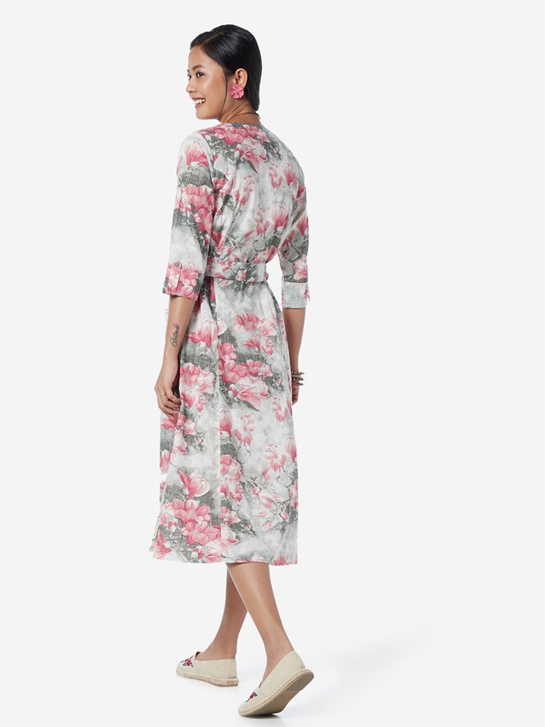 Bombay Paisley Grey Floral Dress With Belt