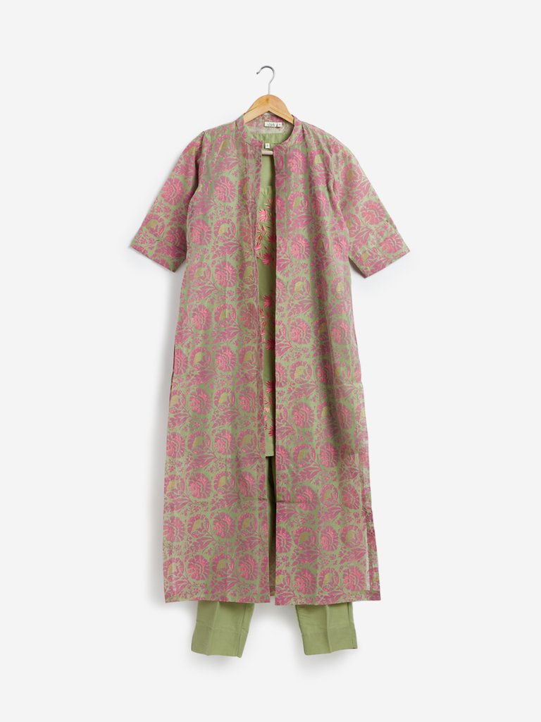 Vark Green Kurti, Jacket and Ethnic Pants Set
