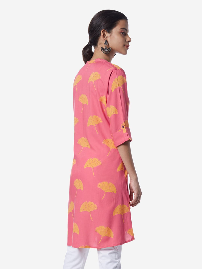 Utsa Pink Flower Printed High-Low Kurti