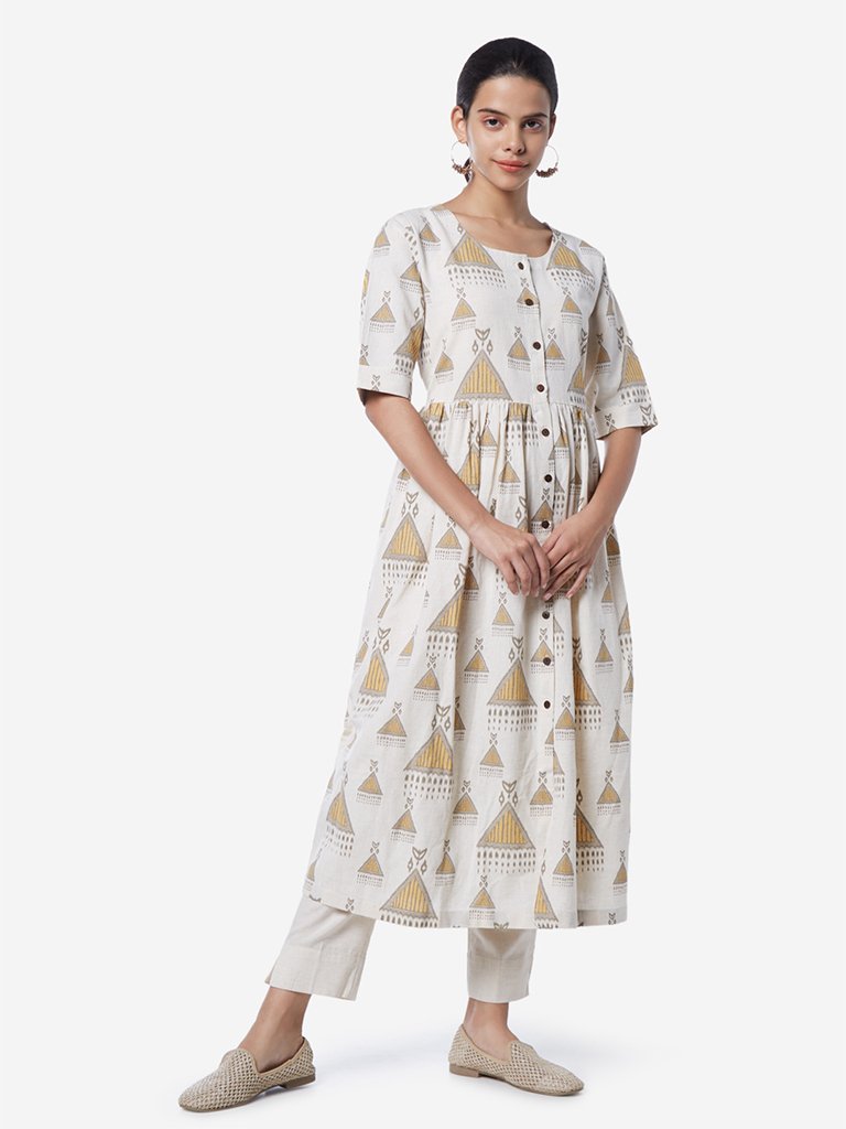 Utsa Off White Ethnic Print Fit-And-Flare Kurta