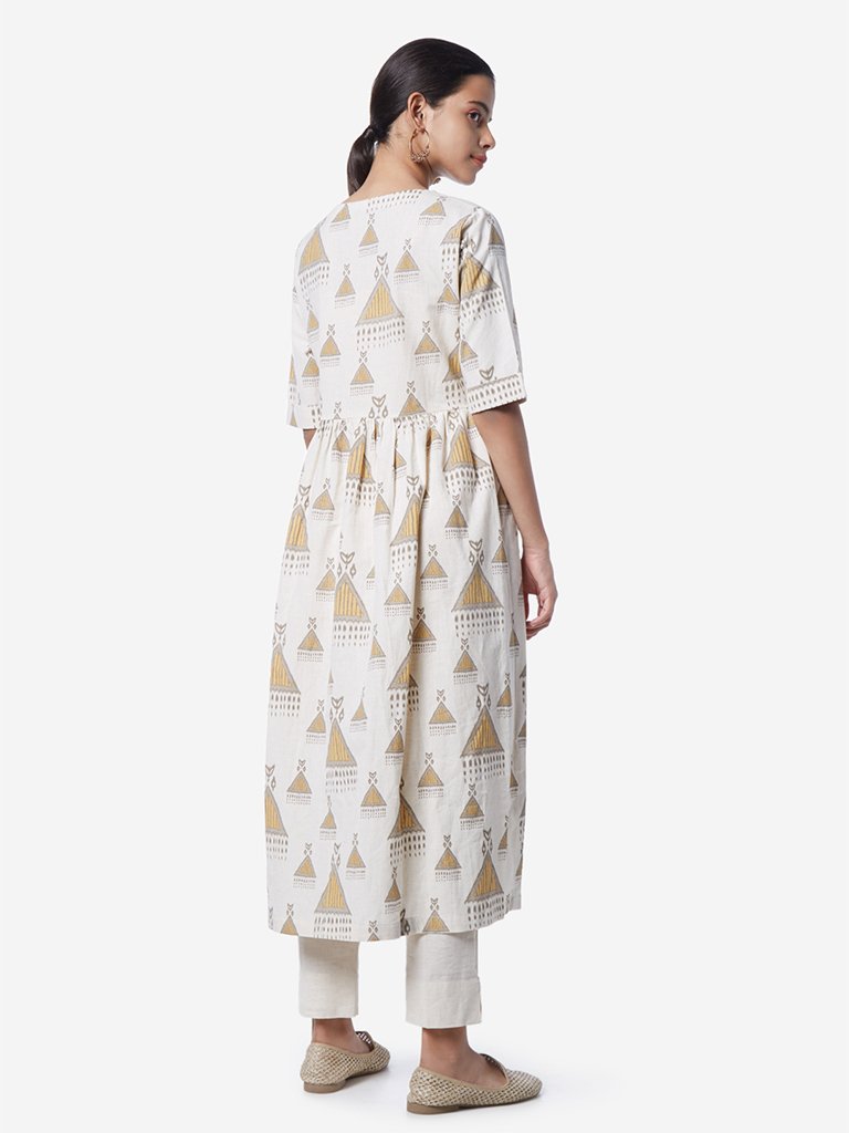 Utsa Off White Ethnic Print Fit-And-Flare Kurta