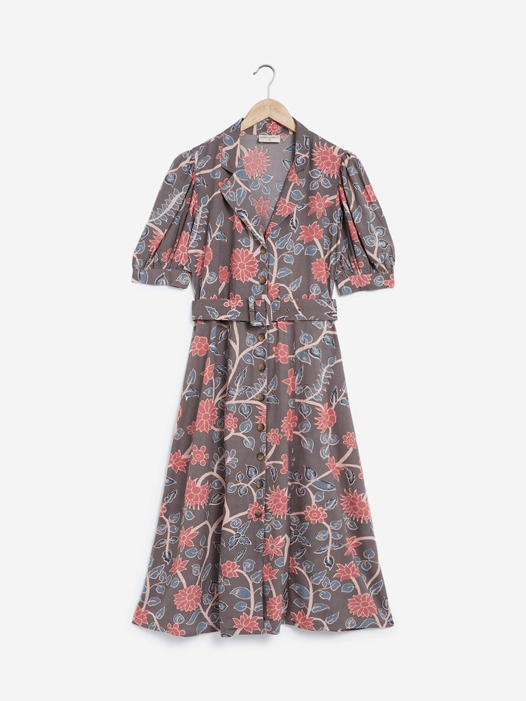 Bombay Paisley Dark Taupe Floral Belted Dress