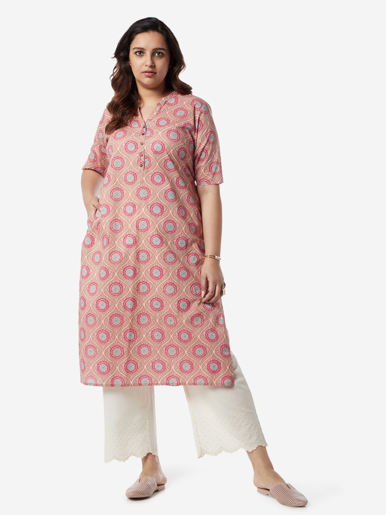 Diza Curves Peach Marigold Print Straight Kurta