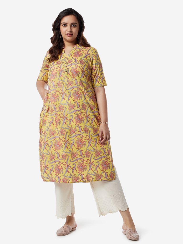 Diza Curves Yellow Floral Pattern A-Line Kurta
