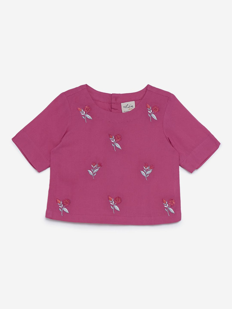 Utsa Kids Pink Floral Embroidered Crop-Top