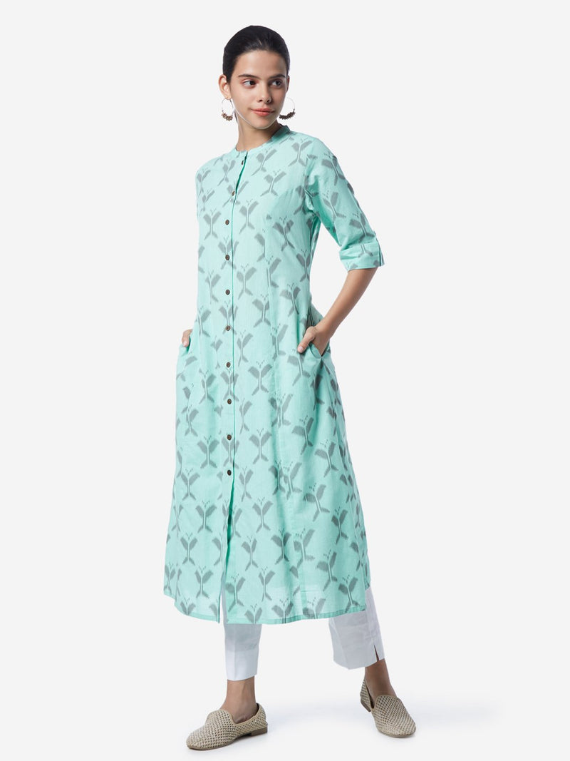 Utsa Turquoise Ikat Pattern A-Line Kurta
