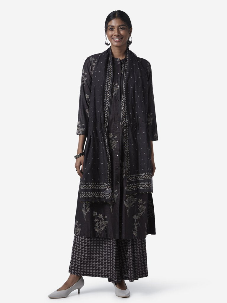Zuba Black Floral Printed A-Line Kurta