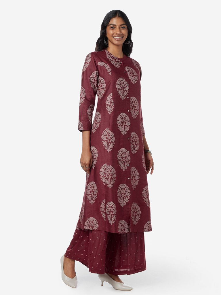 Zuba Red Floral Silk Blend A-Line Kurta