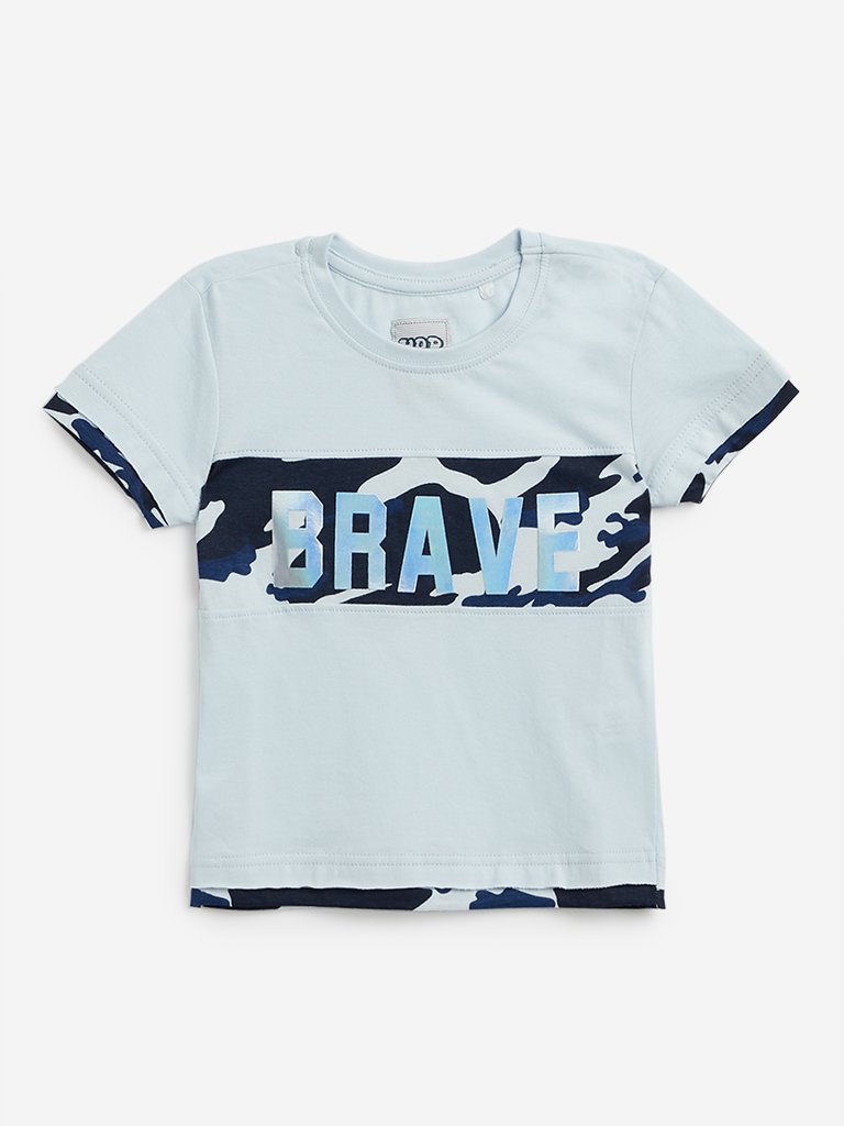 HOP Kids Light Blue Text Print T-Shirt