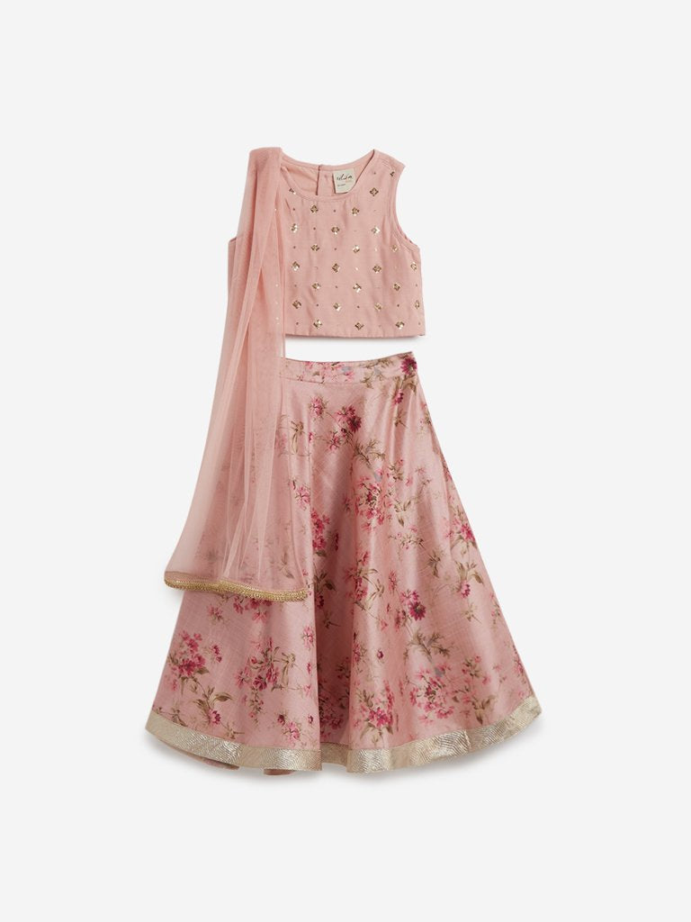 Utsa Kids Peach Floral Ghagra Choli Set