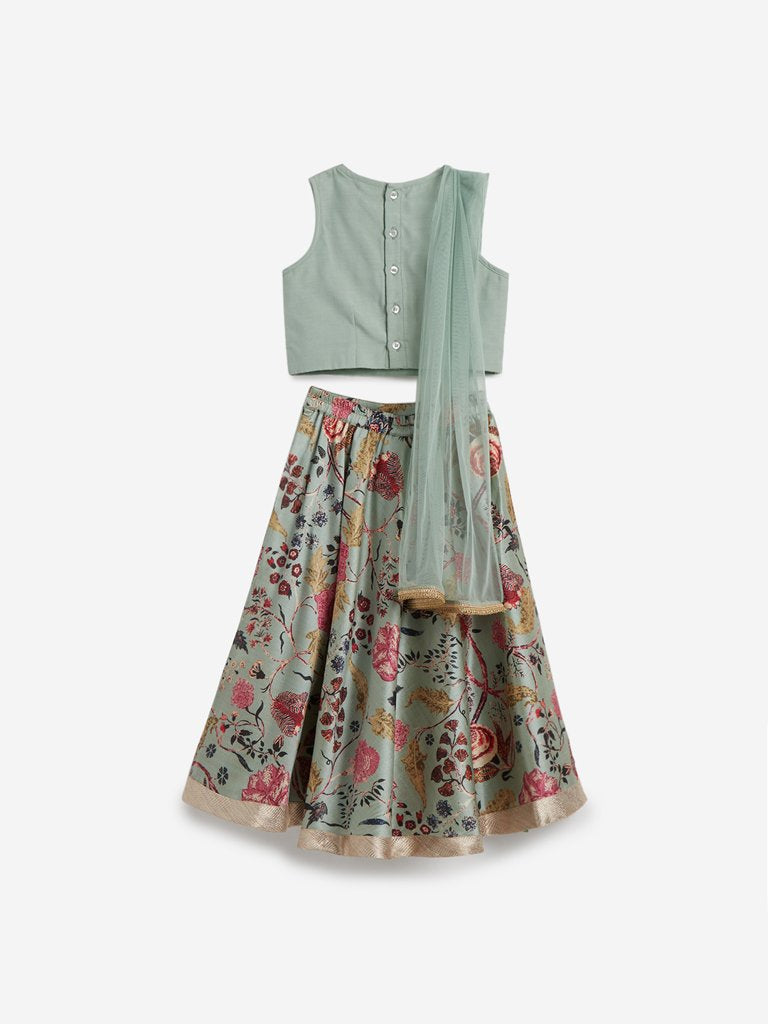 Utsa Kids Light Green Floral Ghagra Choli Set