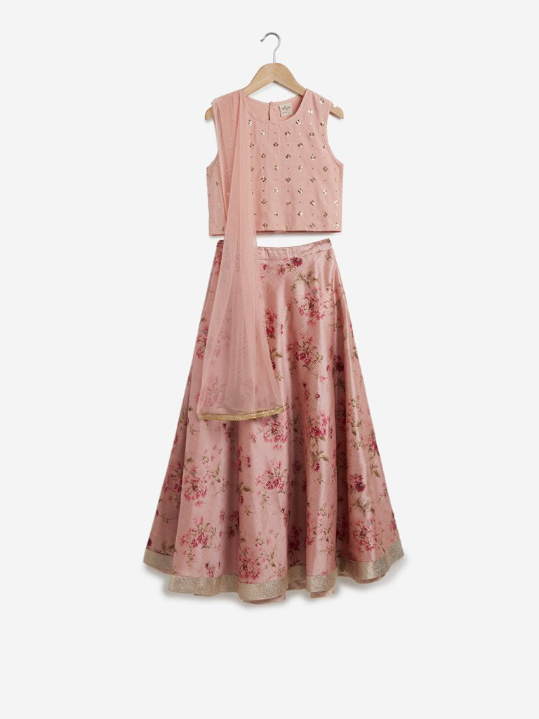 Utsa Kids Peach Floral Ghagra Choli Set