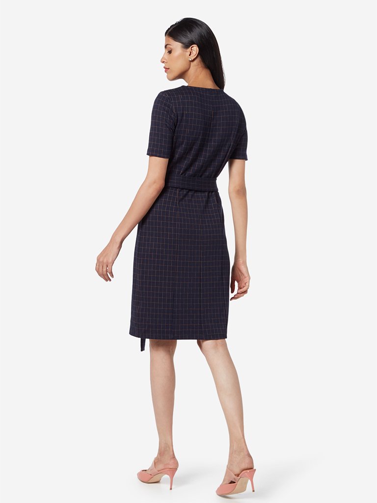 Wardrobe Navy Checkered Dress With Belt