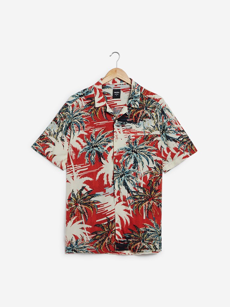 Nuon Red Tropical Print Relaxed Fit Casual Shirt