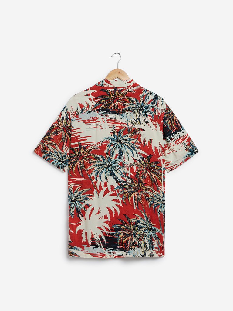 Nuon Red Tropical Print Relaxed Fit Casual Shirt