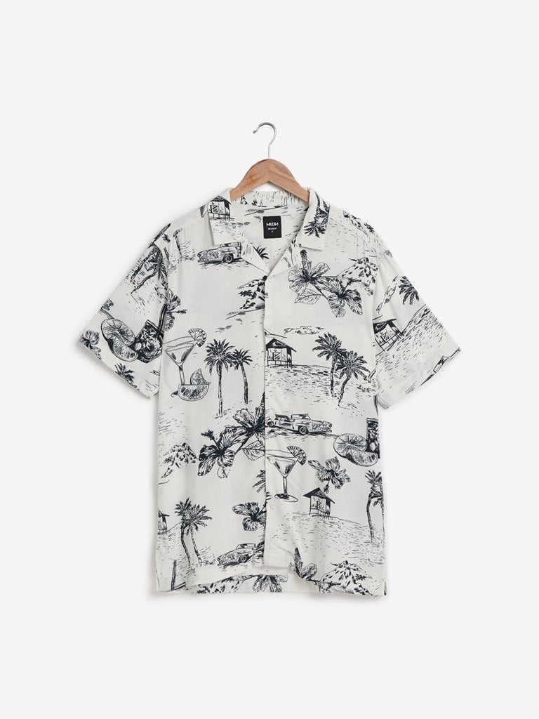 Nuon White Printed Relaxed Fit Casual Shirt