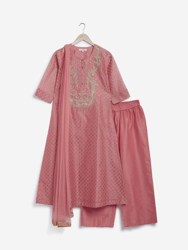Vark Pink Kurta, Palazzos And Dupatta Ethnic Set