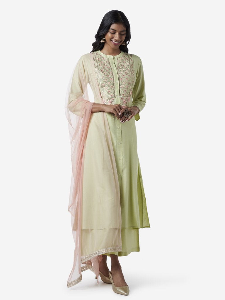Vark Light Green Kurta, Palazzos And Dupatta