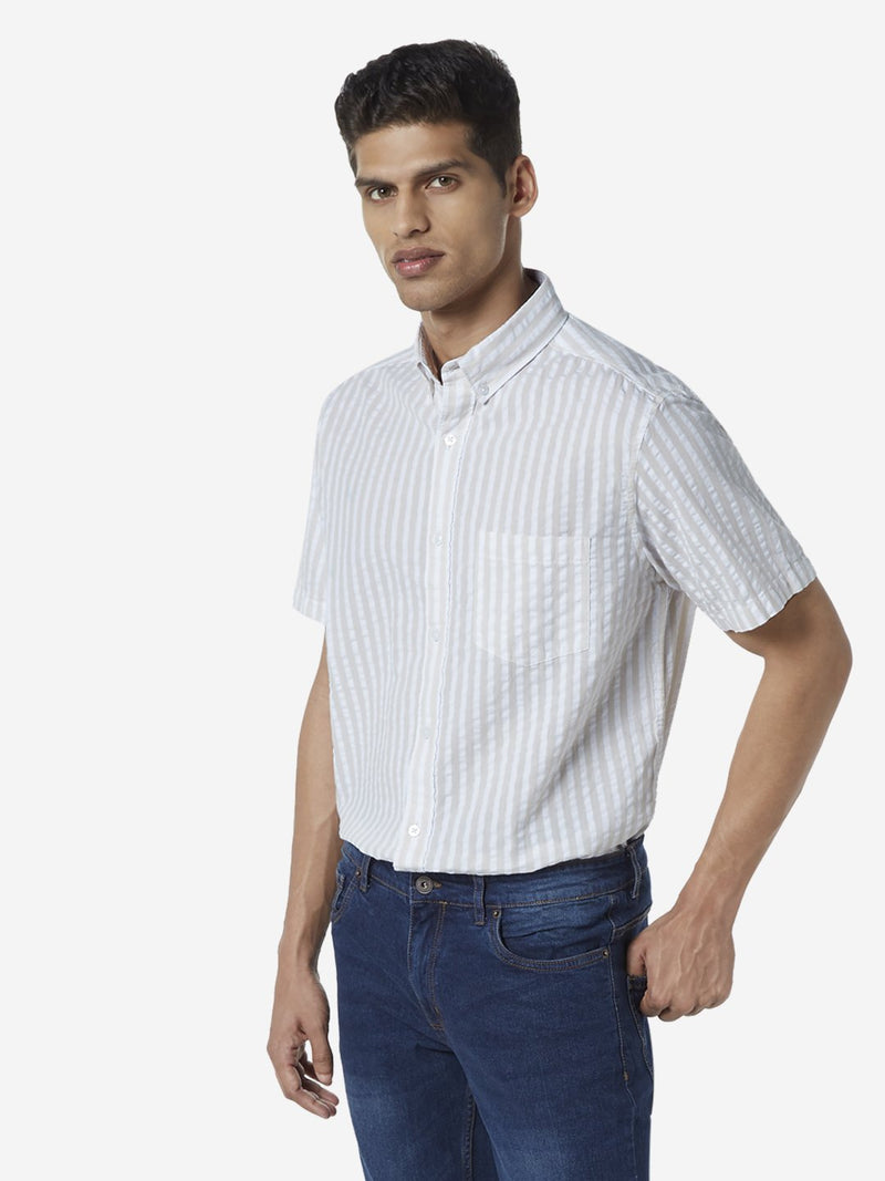 WES Casuals Beige Seersucker Relaxed Fit Shirt